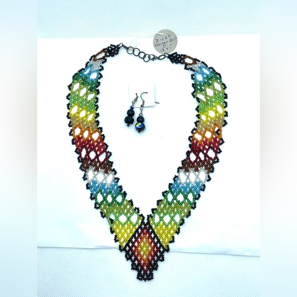 Handmade Corner Lace Multicolor Bead Necklace and Earring Set - Picture 1 of 6